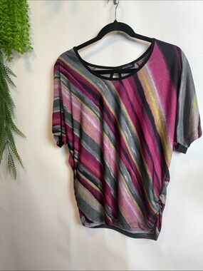 Notations Magenta, Gray and Black Diagonal Stripe Short Sleeve Top